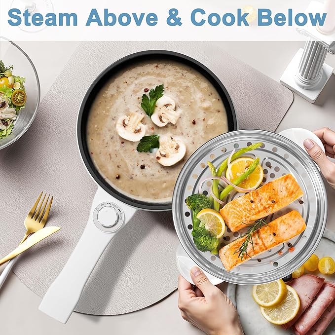 Dezin Hot Pot Electric with Steamer Upgraded, Non-Stick Sauté Pan, Rapid Noodles Electric Pot, 1.5L Mini Pot for Steak, Egg, Fried Rice, Ramen, Oatmeal, Soup with Power Adjustment
