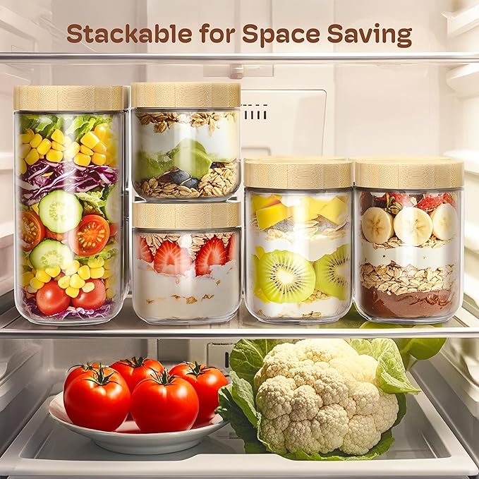 4 pack 16oz Overnight Oats Containers with Bamboo Lids, Glass Jars with Airtight Lids for Meal Prep, Wide Mouth Mason Salad Jars, Glass Food Storage Container for Yogurt Chia Snacks Spice Sugar