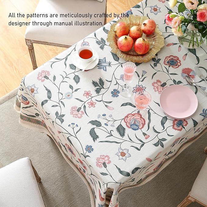 ISAENNE Designer Chinoiserie Linen Floral Small Rectangular Tablecloth,White Wrinkle Resistant Table Cloth,Elegant Decor Tablecloths for Dining Thanksgiving Kitchen Party,55"*71"-Daffy