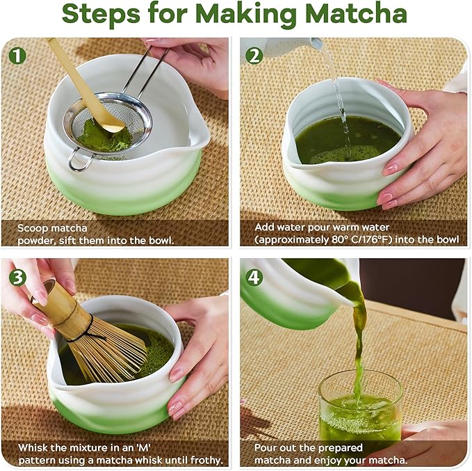 Matcha Whisk Set, Green Matcha Kit, 8 Pcs Matcha Set Includes Matcha Bowl with Spout, Matcha Whisk and Holder, Ceramic Tea Caddy, Bamboo Scoop, Scoop Rest, Sifter and Tea Towel, Gift for Tea Lover