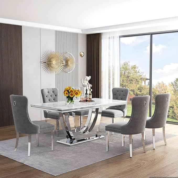 Marble Dining Table Set for 6,70" White Faux Marble Kitchen Tables and Velvet Chairs for 6,7 Piece Luxury Dining Room Table Set and 6 Upholstered Chairs with Silver Stainless Steel Bases
