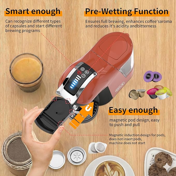 KOTLIE EM-308B Espresso Machine, Single Serve Coffee Maker Compatible with Multiple Capsule Types, Ground Coffee, and ESE Pods, 3 Temperatures, 7 Water Volume Levels, 34 Oz (Orange)