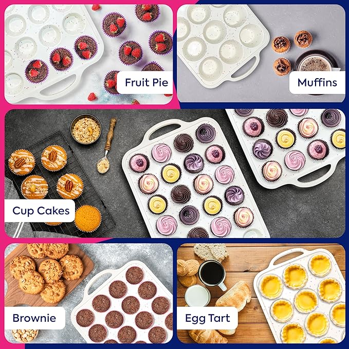 RICCLE 2 Pack Silicone Muffin Pans for Baking with Metal Reinforced Frame - Regular 12 Cup Silicone Muffin Pan & 24 Cup Mini Cupcake Pans - Silicone Cupcake Pan Set - Oven & Dishwasher Safe, BPA-Free