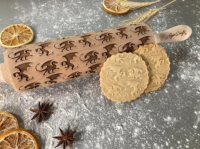 DRAGONS embossing rolling pin. Wooden embossing rolling pin with dragons