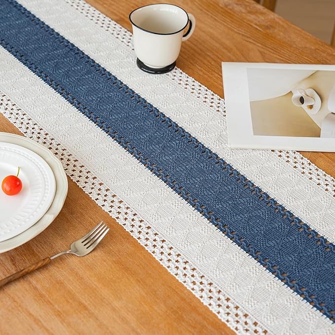 FEXIA Boho Table Runner for Home Decor with Tassels 60 Inches Long,Blue Farmhouse Rustic Table Runner Macrame Burlap Table Decoration for Living Room Bridal Shower(12x60 Inches)