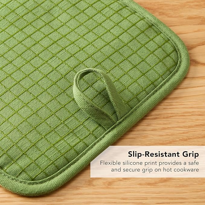 KITCHENAID Gourmet Series Gridlines Pot Holders 2-Pack Set, Heat Resistant up to 600°F, Soft Silicone Grip, Magnetic Cuff, Matcha Green, 8"x8"