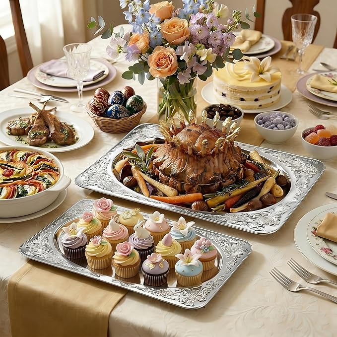 Silver Serving Trays, 6 Pcs Stainless Steel Serving Platters with Retro Engraved Design, 13.7 x 8.5 Inch for Serving Food, Appetizers, or as Decorative Accent at Home