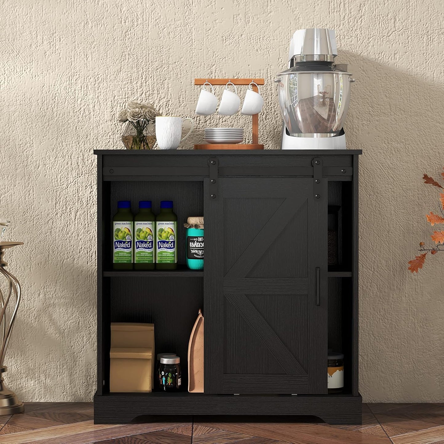 Panana Sliding Barn Door Buffet Sideboard Storage Cabinet Coffee Bar Kitchen Farmhouse Style (Black)