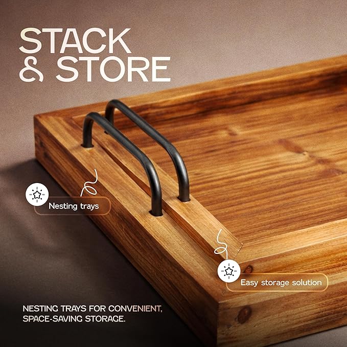 Besti Rustic Vintage Food Serving Trays (Set of 2) | Nesting Wooden Board with Metal Handles | Stylish Farmhouse Decor Serving Platters | Large: 15 x2 x11” - Small: 13 x2 x9” (Rustic Light Brown)