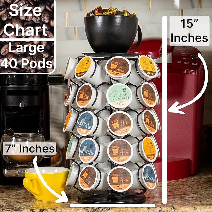 Made Easy Kit Carousel Coffee Pod Organizer - Compatible with Keurig K-Pods K-Cups - Countertop 360 Spin Rack Storage - Lazy Susan Revolving Base Metal (Black Coffee Mug, Large (40 Pods))