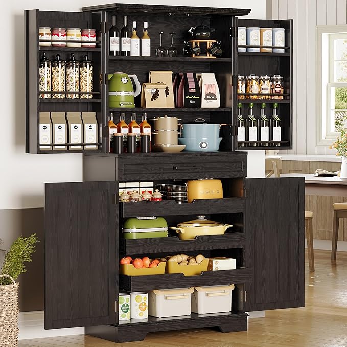 IRONCK Farmhouse Kitchen Pantry Cabinet, 72" Height Tall Freestanding Cupboard with Sliding Storage Rack and 6 Hanging Shelves for Kitchen, Dining Room, Black