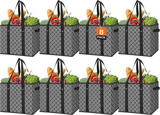 WISELIFE Reusable Grocery Bags 8 Pack,Large Grocery Tote Bag Water Resistant Shopping Bags Foldable Grocery Bag for Clothes,Shoes and Picnic,Black