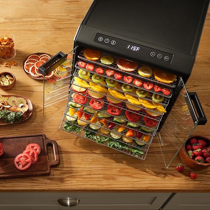 Excalibur Food Dehydrator 10-Tray Select Series for Jerky, Fruit, Vegetables, Herbs, Pet Treats, Stainless Steel with Glass Doors and 60 hour digital timer, 10-Tray, Black