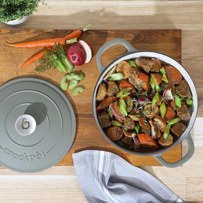 Crock-Pot Artisan 5-Quart Round Cast Iron Dutch Oven with Lid – Matte Green, Durable Oven Safe Cookware