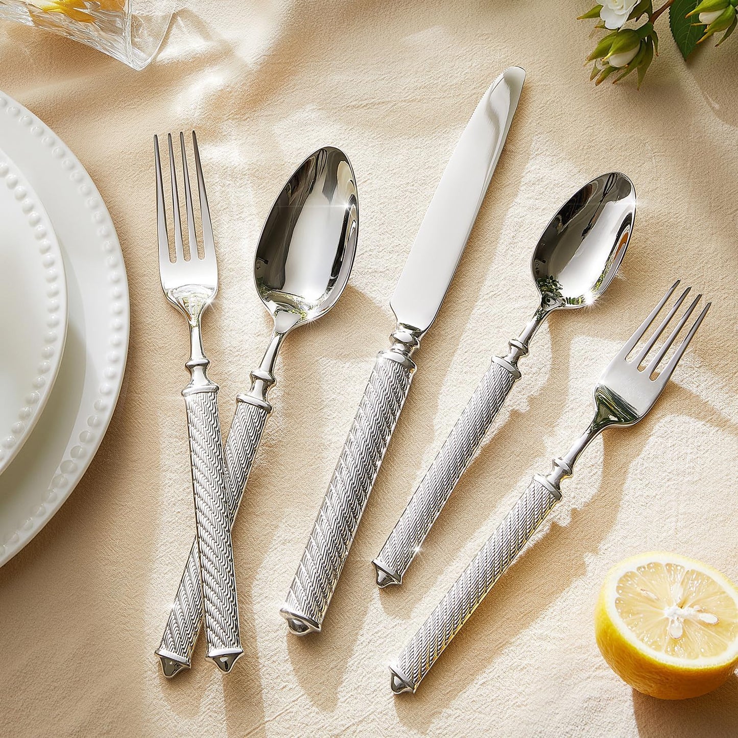 KINGSTONE Retro Rope-Pattern Silverware Set, 20-Piece Flatware Set Cutlery Set Forged with Handcrafted Texture Handles 18/10 Stainless Steel, Dishwasher Safe