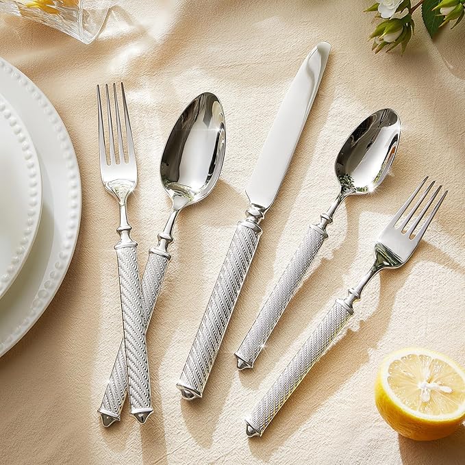 KINGSTONE Retro Rope-Pattern Silverware Set, 30-Piece Flatware Set Cutlery Set Forged with Handcrafted Texture Handles 18/10 Stainless Steel, Dishwasher Safe