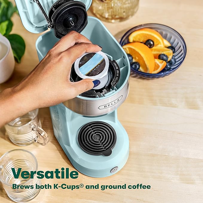 BELLA Dual Brew Single Serve Coffee Maker, Brews both Kcup and Ground Coffee, Large 14oz Capacity, Easy One Touch, Auto Shutoff, Aqua