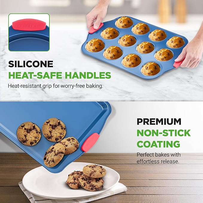 NutriChef 6-Piece Bakeware Set - Nonstick Carbon Steel Baking Pans with Red Silicone Handles, Blue Coating, Durable & Stain-Resistant, Perfect for Baking Cakes, Muffins, Cookies (Blue)