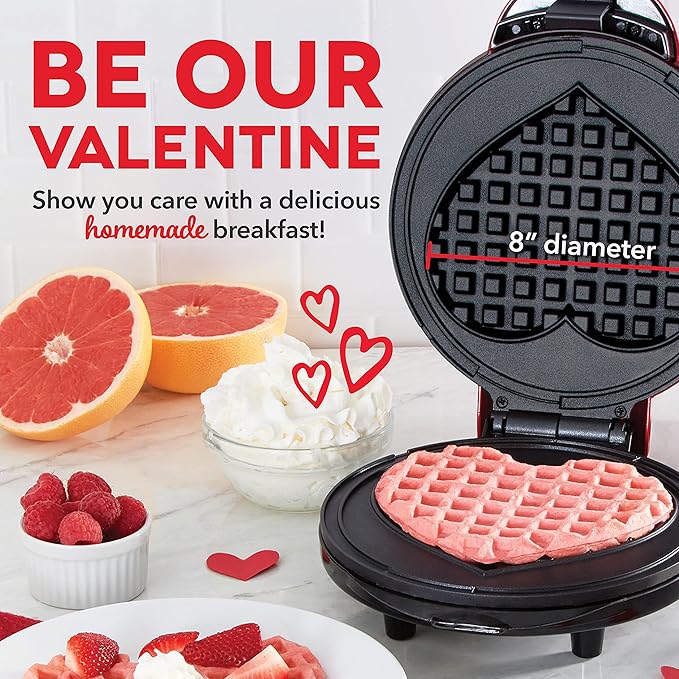 Dash Express Waffle Maker -Electric Waffle Maker for Creative Homemade Treats - Dual Nonstick Cooking Surfaces, Easy Food Release & Quick Cleanup - Compact, Space-Saving Design - 8 Inches - Red Heart