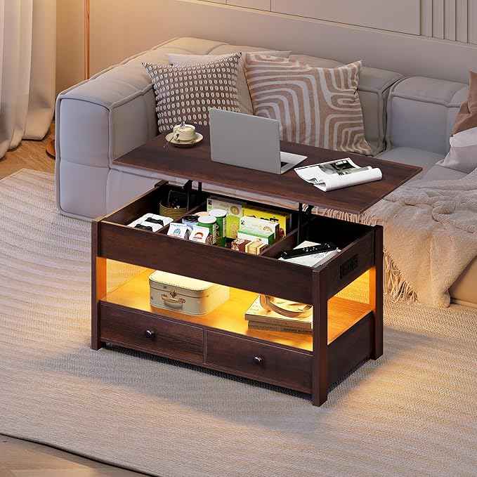 WLIVE Coffee Table, Lift Top Coffee Table with Drawers, LED Light, Large Storage and Open Shelf, Lift Tabletop for Living Room, Espresso
