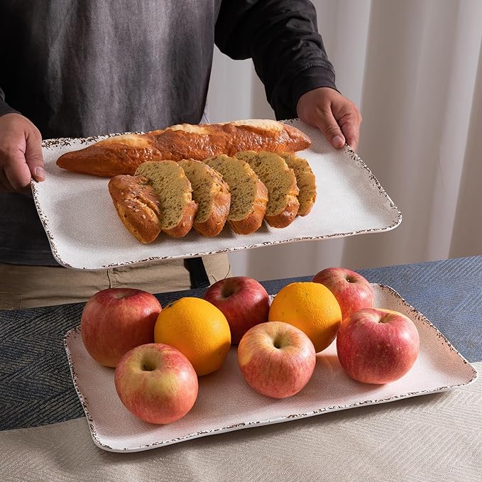 Farmhouse Melamine Serving Platters Set of 2, 17"x10" Large Rectangular Melamine Serving Trays for Serving Food on Parties and Entertaining, Dishwasher Safe. Ivory