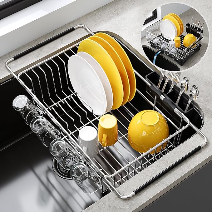 JASIWAY Dish Drying Rack in Sink, Expandable Stainless Steel Dish Drainers with Drainboard for Kitchen Counter, Space Saving Dish Dryer Rack, Over The Sink Dish Racks with Utensil Holder, Sliver