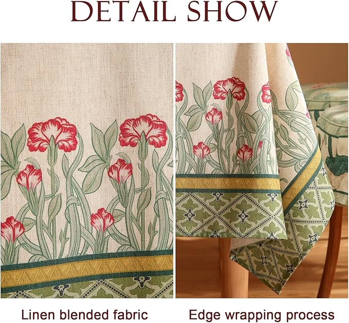 patdrea Designer Green Extra Long Tablecloth for Rectangle Table,Vintage Linen Leaves Pattern Table Cloth,Colorful Floral Cover Decor for Kitchen Dining Christmas Thanksgiving,67"x118"-Cecilia D
