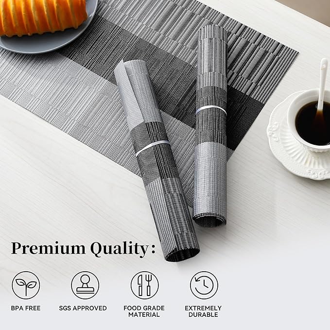 Leetaltree Grey with White Striped Placemats Set of 12 - Heat Resistant Non-Slip Place mats for Dining Table, Washable Durable PVC Vinyl Woven Table Mats（Grey Stripe, 12）