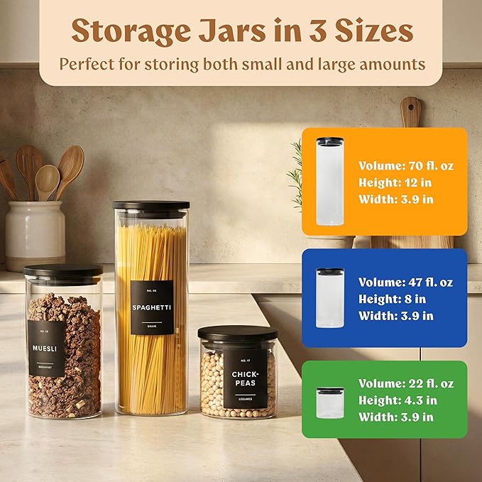 EDELHAUS Glass Storage Containers with Black Lids [Extra Thick Glas] with 54 Labels - Canister For Pantry Noodles Flour Cereal Rice Sugar Tea Coffee Beans - Round Set of 5x