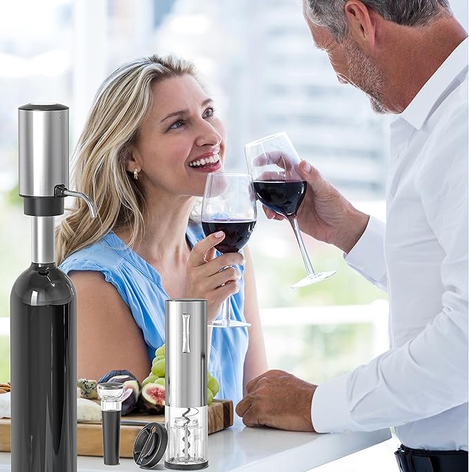 All-in-1 Electric Wine Opener Set with Rechargeable Wine Opener, Rechargeable Wine Aerator Pourer, Foil Cutter and Vacuum Wine Stopper, Ideal gift for Wine Lovers（Silver）