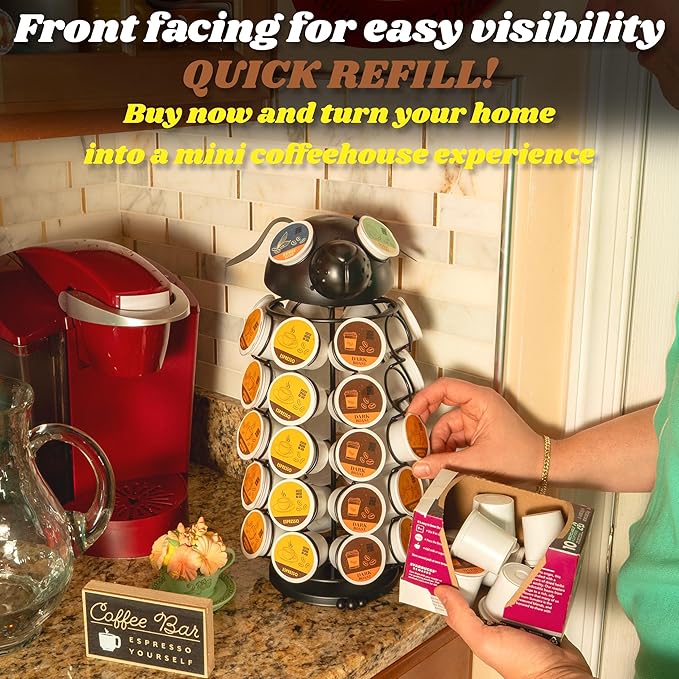 Made Easy Kit Carousel Coffee Pod Holder - Compatible with Keurig K-Pods K-Cups - Countertop 360 Spin Rack Storage Organizer - Revolving Base - Capsule Café Station Bar (Dog Black, Large)