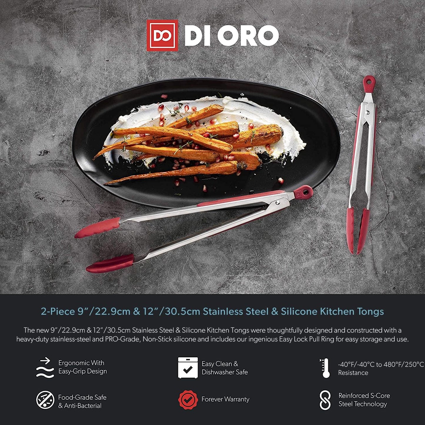 New DI ORO 2-Piece Kitchen Tongs Set (9-Inch and 12-Inch) – Stainless Steel with Non-Stick 480F Heat-Resistant Silicone Tips – Great Tool for Cooking, Serving, and Barbecuing - Dishwasher Safe (Red)