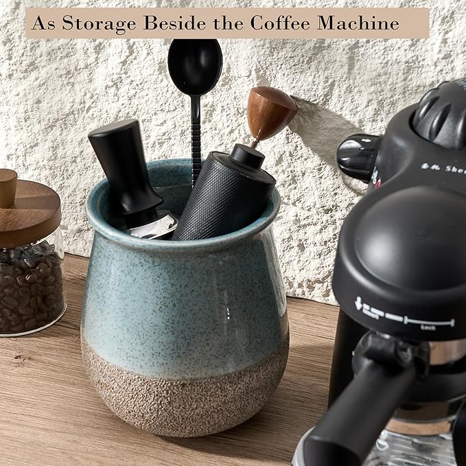 Utensil Holder for Kitchen Counter, Modern Farmhouse Cooking Utensil Holder and Crock Home Kitchen Decor, Ceramic Utensil Organizer for Spatula, Ladle, Eggbeater, Rolling Pin- Blue and Brown