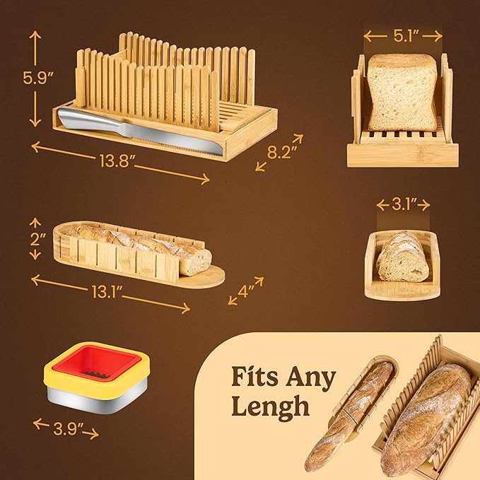 Bread Slicer Guide for Homemade Bread 3-In-1 Set: Sourdough Rounds Slicer, Baguette Cutter & Sandwich Sealer | Bread Loaf Slicing, Adjustable Bamboo Bread Cutter With Knife & Magnetic Slot