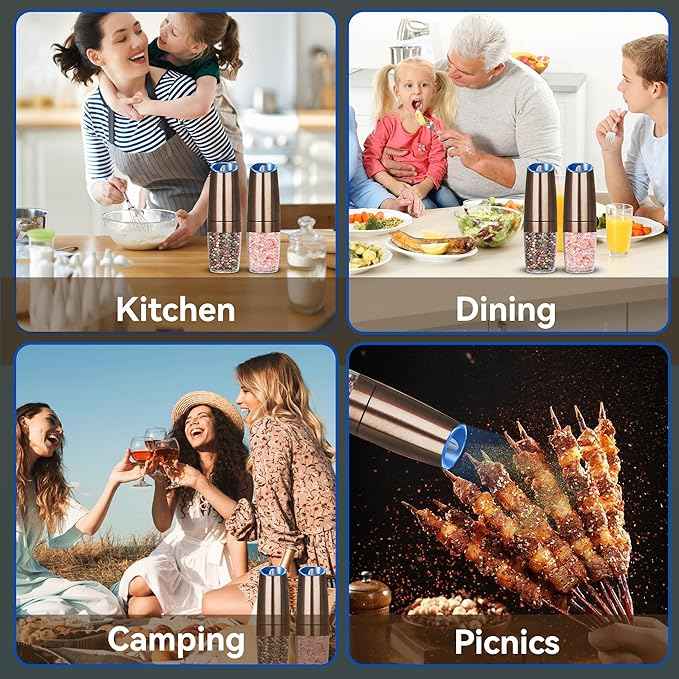 Gravity Electric Salt and Pepper Grinder set of 2, Automatic Salt And Pepper Grinder Set, Adjustable Roughness, Battery Powered, LED Light, 2 Pack, (Copper)