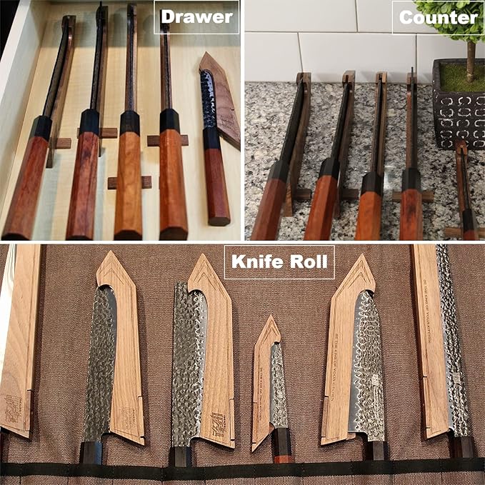 FINDKING Kitchen Knife Set with Individual Wooden Blocks, 4 Japanese Knives with Walnut Edge Guards, High Carbon Steel Blades, for Meat, Fruits, Vegetables, Dynasty Series