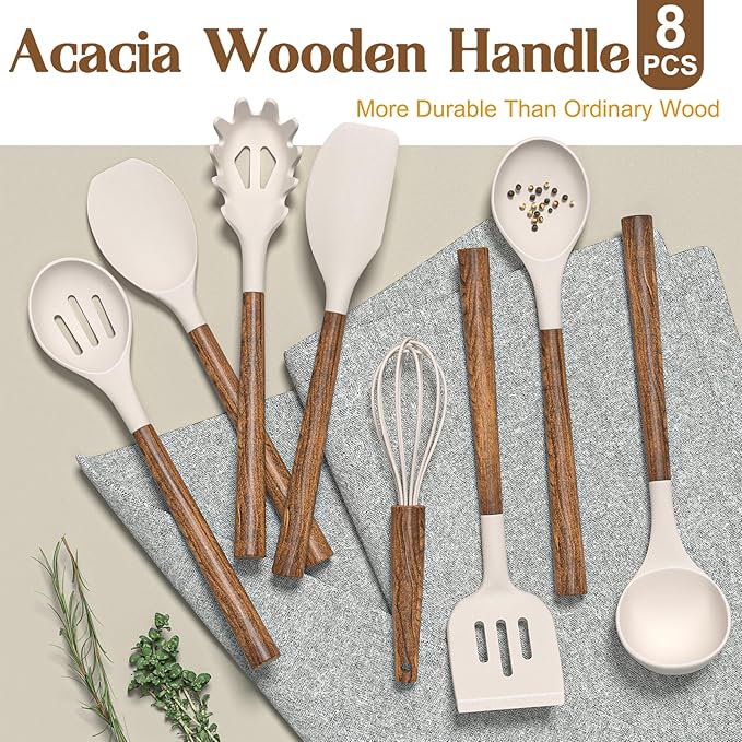 Silicone Cooking Utensil Set,Umite Chef 8-Piece Kitchen Utensils Set with Natural Acacia Wooden Handles, Silicone Kitchen Gadgets and Spatula Set for Nonstick Cookware - Khaki