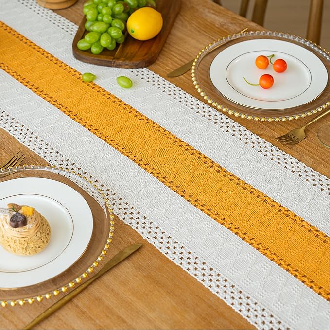 FEXIA Boho Table Runner for Fall Home Decor with Tassels 72 Inches Long Farmhouse Yellow Rustic Table Runner Macrame Burlap Table Decoration for Living Room Bridal Shower(12x72 Inches)