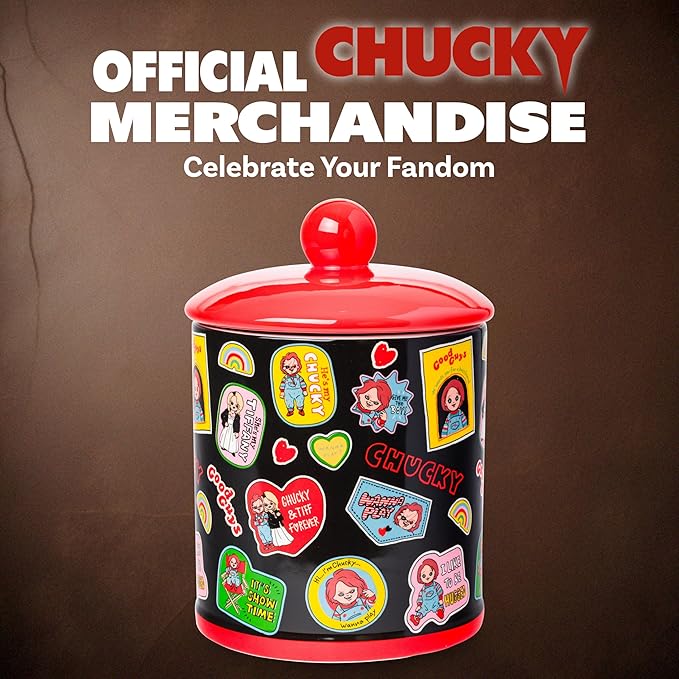 Silver Buffalo Chucky and Tiffany Sticker and Badges Pattern Ceramic Cookie Snack Jar (Large)