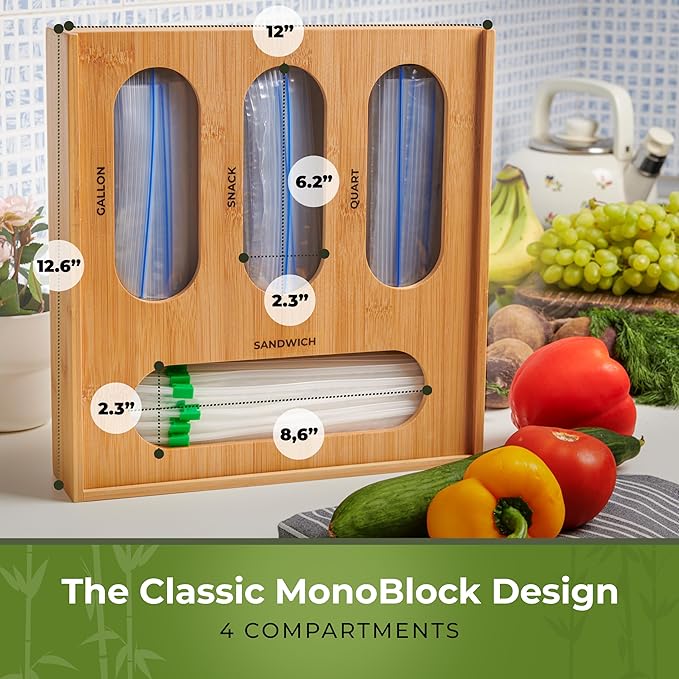 Bamboo Storage Bag Organizer, Sandwich Bag Organizer - Single Block Design for Kitchen Organization, Baggie Organizer for Drawer - Quick Refill Slider, Fits Half Gallon, Quart, Snack Size Bags