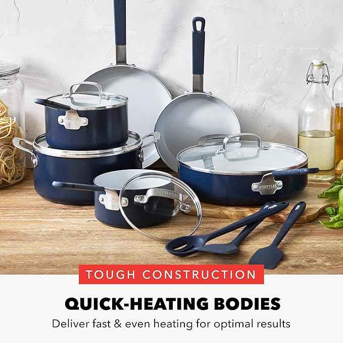 GreenPan x Bobby Flay 13 Piece Nonstick Cookware Pots and Pans Set, PFAS-Free Diamond Ceramic, Induction Suitable, Easy Clean Dishwasher & Oven Safe, Stay-Cool Silicone Handles, Glass Lids, Navy Blue