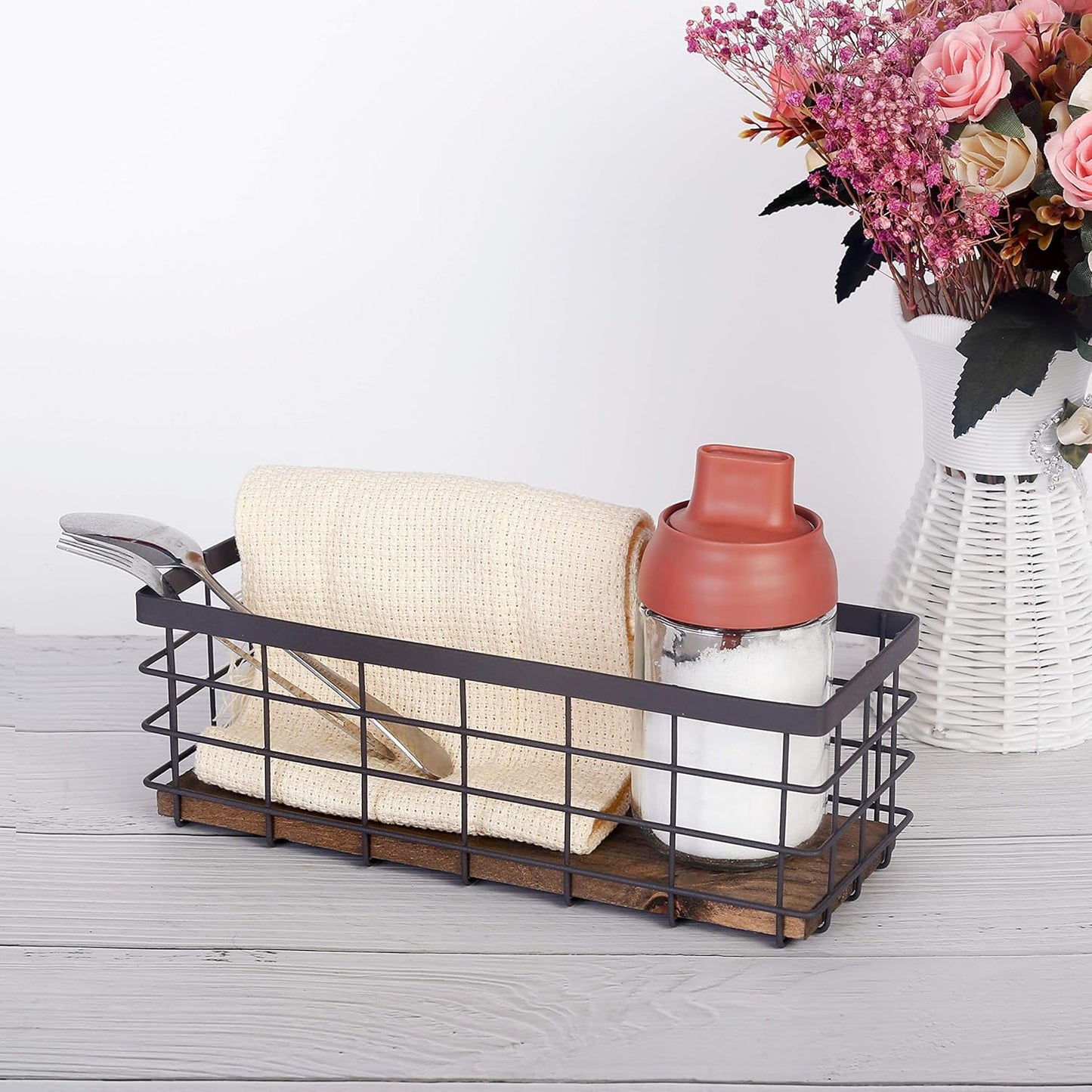 TIEYIPIN Small Metal Wire Storage Basket, Detachable Wood Base Storage Organizer Bin Basket for Kitchen Cabinets, Bathroom, Pantry, Garage, Laundry Room - Brown (2 Pack)