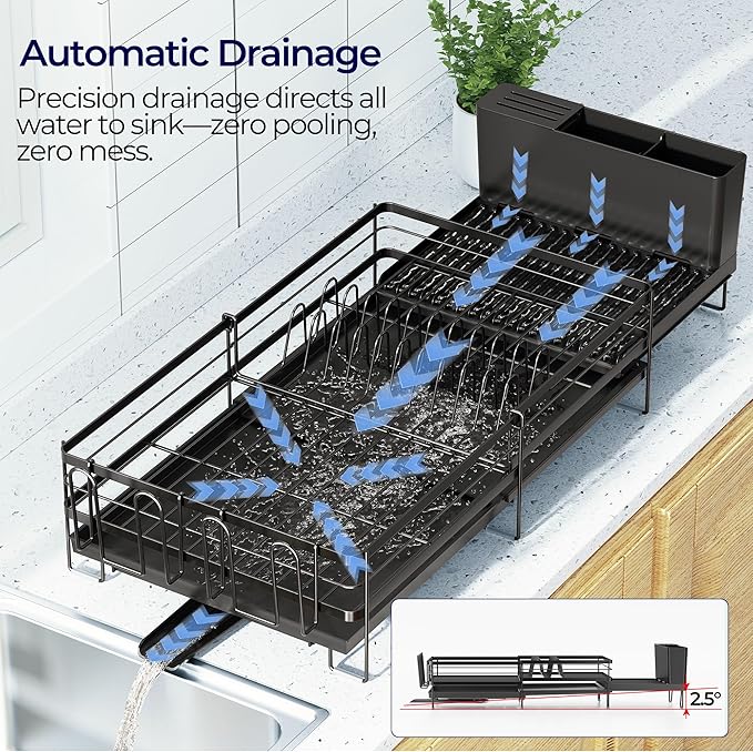 Large Dish Drying Rack, Expandable Dish Rack for Kitchen Counter, Dish Drainer with Drainboard Set, Multifunctional Dishrack with Utensil & Cup Holder, 13.4"-28.7" L x 11.8" W x 7.8" H, Black