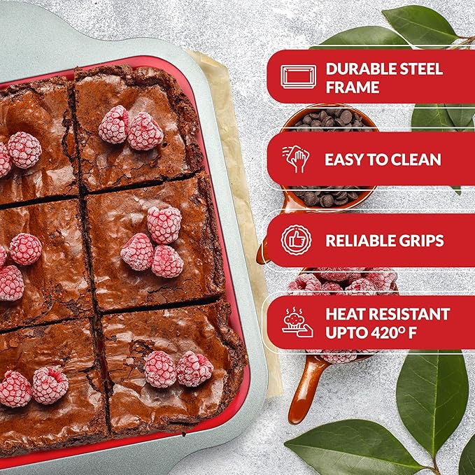 Baking Duo: Non-Stick Steel Jumbo 6 Cup Muffin Pan with Silicone Handles & Reusable Liners and 8x8 Inch Silicone Square Cake & Brownie Pan with Steel Frame Handles.