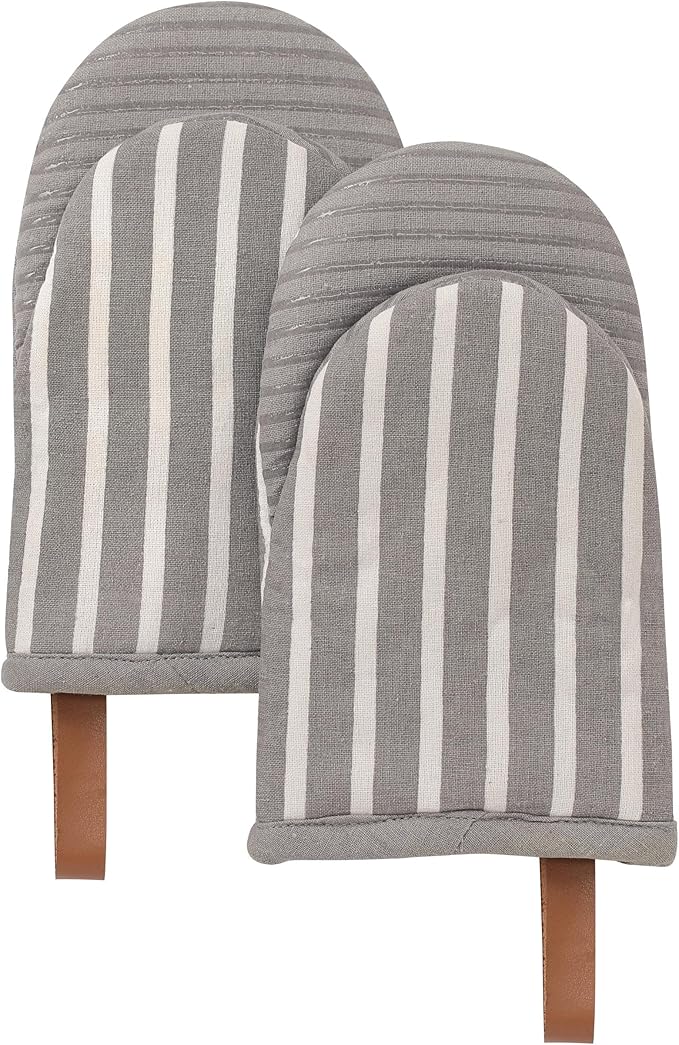 Folkulture Oven Mitts - Set of 2 (5.75"x9") | Gray Striped Oven Mitts with Hanging Loop for Cooking Gifts for Women, Kitchen Decor| 100% Cotton, Silicone Heat Resistant Mini Mitts, House Warming Gifts