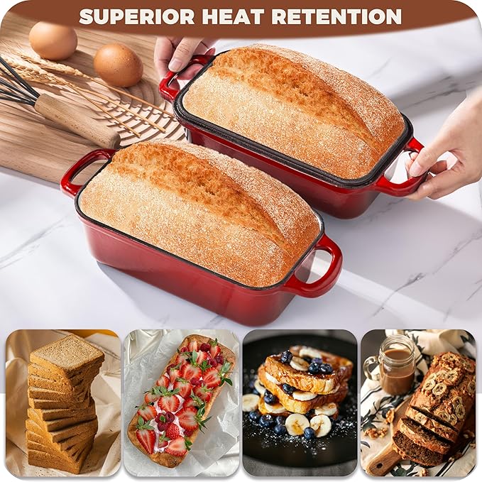 Cast Iron Bread Loaf Pan with Lid, 2 In 1 Loaf Pans for Baking Bread 9x5, Enameled Bread Pans for Homemade Bread, Sourdough, Even Heating Bread Dutch Oven, Red