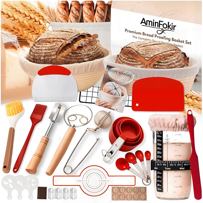 Sourdough Starter Kit with Glass Starter Jar & Banneton Bread Proofing Basket, Complete Sourdough Bread Baking Supplies and Tools for Home Bakers, Gift Sourdough Kit for Baking Lovers
