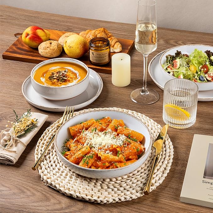 AmorArc Ceramic Dinnerware Sets with Pasta Bowls for 4, Handpainted Plates and Bowls Set with Rustic Terracotta Underside, Scratch Resistant Dishes Set, Dishwasher & Microwave Safe, 16 Pcs-White
