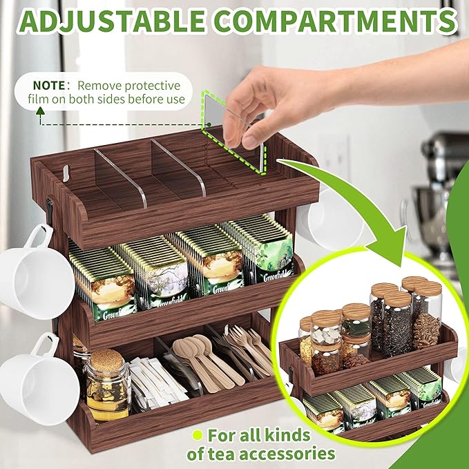 3 Tier Tea Bag Organizer - Wall-Mounted Holder with Partitions, 4 Hooks, Wooden Tea Box for Office, Kitchen, Cabinet, Pantry