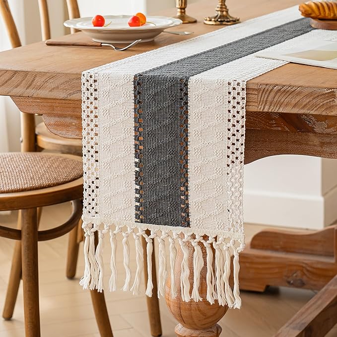 FEXIA Boho Table Runner for Home Decor with Tassels 36 Inches Long,Grey Farmhouse Rustic Table Runner Macrame Burlap Table Decoration for Living Room Bridal Shower(12x36 Inches)